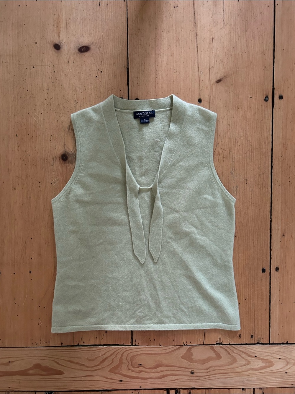 100% Cashmere Ann Taylor Light Sage Tie-Neck Sleeveless Sweater Tank